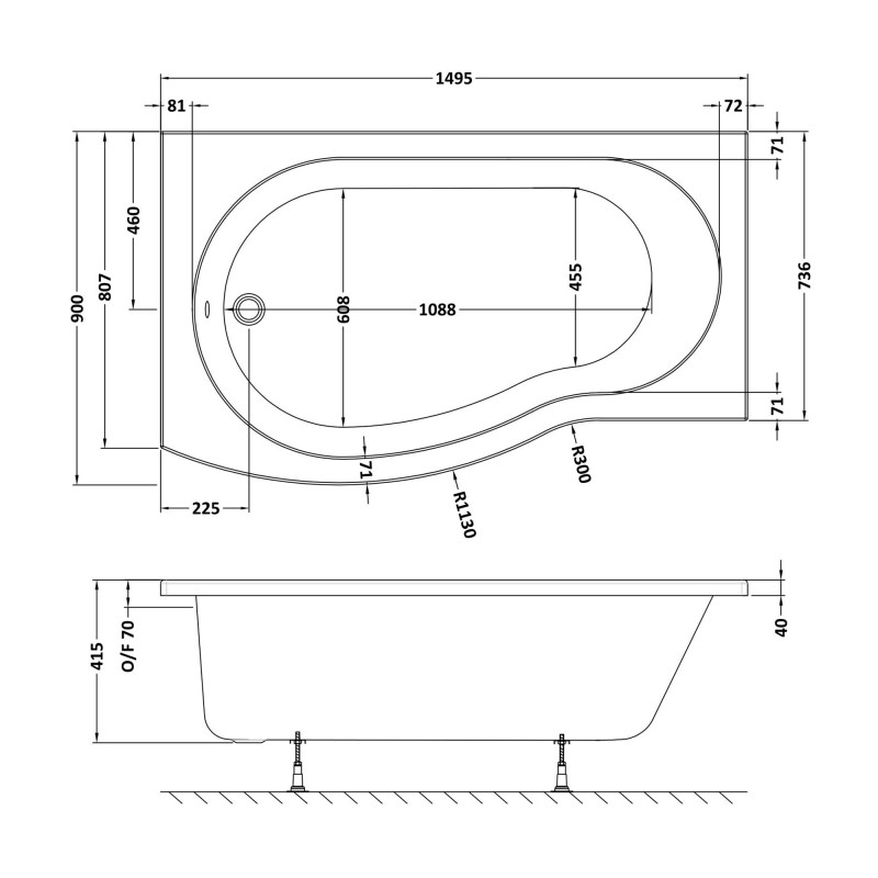 B-Shaped Shower Bath Left Handed 1500mm x 900mm  - Technical