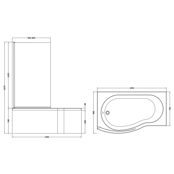 B-Shaped Shower Bath with Screen & Front Panel Left Handed 1500mm x 900mm  - Technical