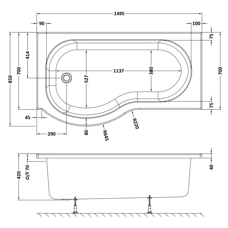 P-Shaped Shower Bath Left Handed 1500mm x 850mm  - Technical