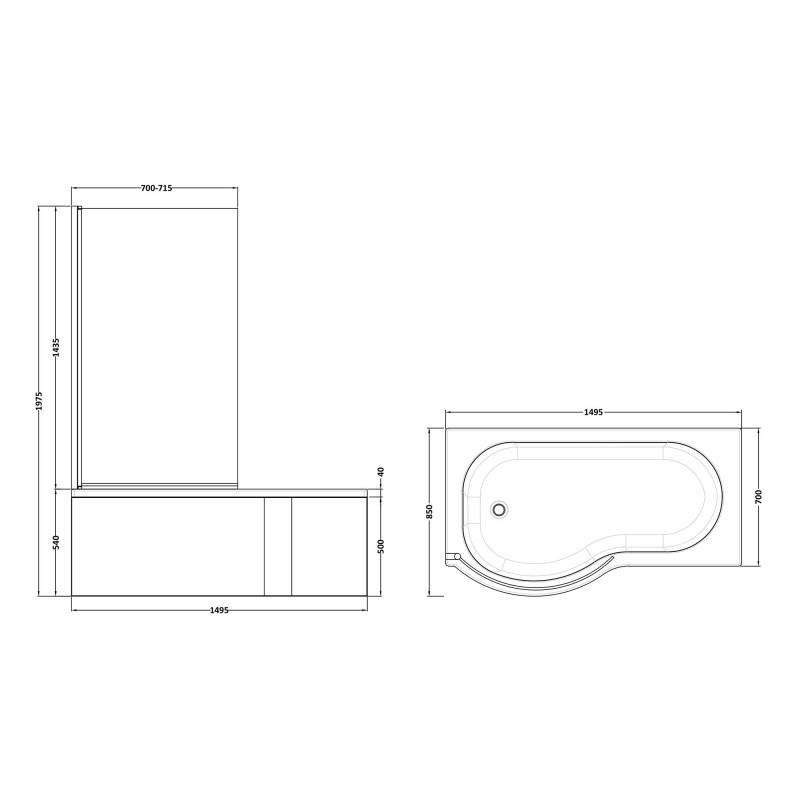 P-Shaped Shower Bath with Screen & Front Panel Left Handed 1500mm x 850mm  - Technical