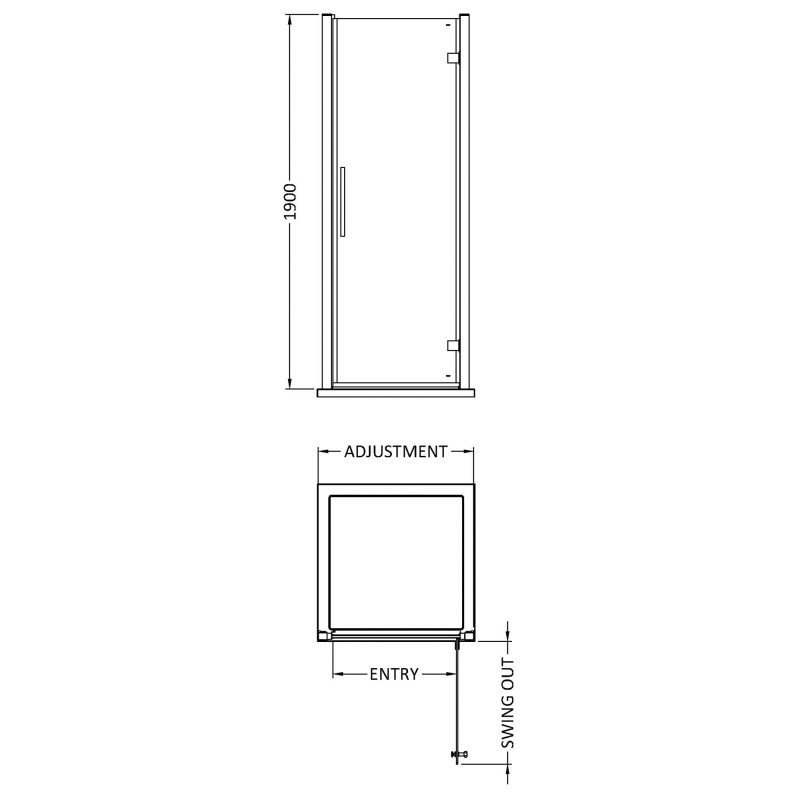 Apex Chrome Hinged Shower Door - Technical Drawing