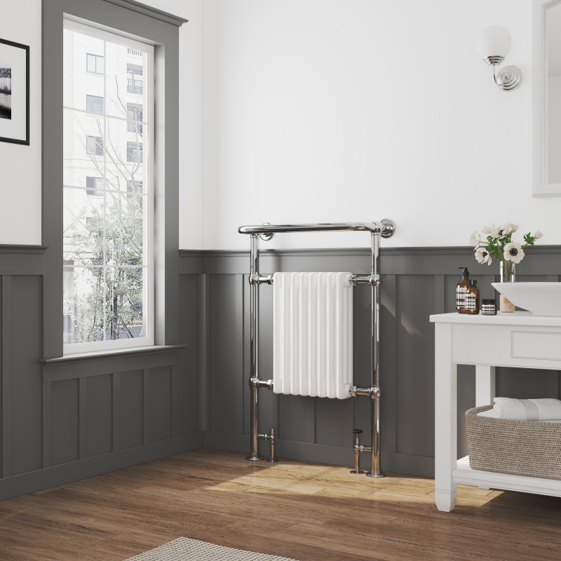 673mm (w) x 963mm (h) "Old Colwyn" Chrome & White Traditional Floor Standing Towel Rail Radiator - Insitu