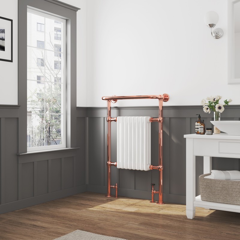 673mm (w) x 963mm (h) "Old Colwyn" Copper & White Traditional Floor Standing Towel Rail Radiator - Insitu