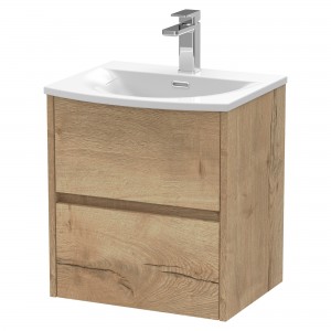 Havana 500mm Wall Hung 2 Drawer Vanity Unit with Curved Ceramic Basin - Autumn Oak