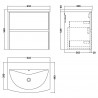Havana 600mm Wall Hung 2 Drawer Vanity Unit with Curved Ceramic Basin - Graphite Grey Woodgrain - Technical Drawing