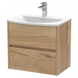 Havana 600mm Wall Hung 2 Drawer Vanity Unit with Curved Ceramic Basin - Autumn Oak