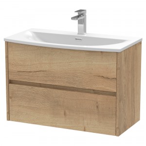 Havana 800mm Wall Hung 2 Drawer Vanity Unit with Curved Ceramic Basin - Autumn Oak