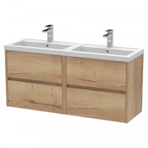 Havana 1200mm Wall Hung 4 Drawer Vanity Unit with Double Polymarble Basin - Autumn Oak