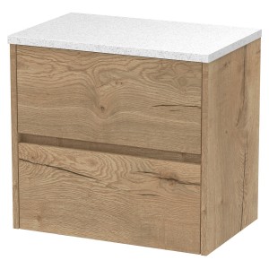 Havana 600mm Wall Hung 2 Drawer Vanity Unit with Sparkling White Worktop - Autumn Oak