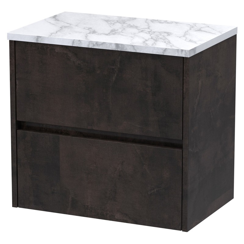 Havana 600mm Wall Hung 2 Drawer Unit With Carrera Marble Laminate Worktop - Metallic Slate