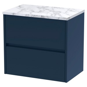 Havana 600mm Wall Hung 2 Drawer Unit With Carrera Marble Laminate Worktop - Midnight Blue
