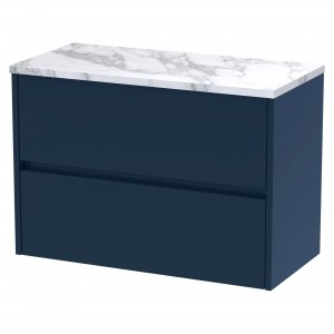 Havana 800mm Wall Hung 2 Drawer Unit With Carrera Marble Laminate Worktop - Midnight Blue