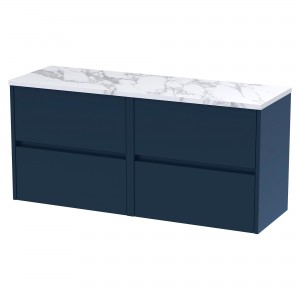 Havana 1200mm Wall Hung 4 Drawer Unit With Carrera Marble Laminate Worktop - Midnight Blue