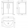 Juno Graphite Grey 500mm Wall Hung 2 Door Vanity With Curved Ceramic Basin - Technical Drawing