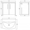 Juno Graphite Grey 600mm Wall Hung 2 Door Vanity With Curved Ceramic Basin - Technical Drawing