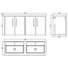 Juno Graphite Grey 1200mm Wall Hung 4 Door Vanity With Double Polymarble Basin - Technical Drawing