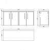 Juno Graphite Grey 1200mm Wall Hung 4 Door Vanity With Worktop - Technical Drawing
