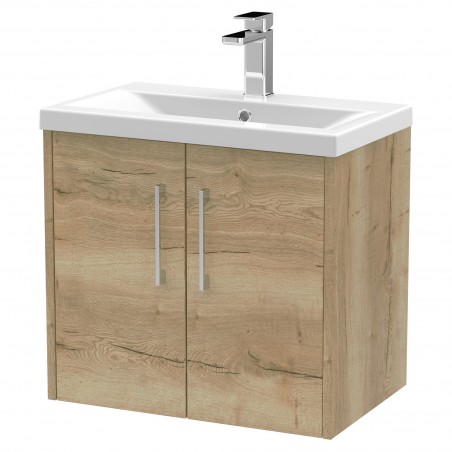 Juno Autumn Oak 600mm Wall Hung 2 Door Vanity With Mid-Edge Ceramic Basin