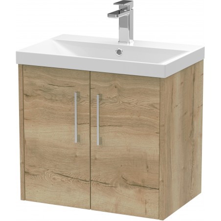 Juno Autumn Oak 600mm Wall Hung 2 Door Vanity With Thin-Edge Ceramic Basin