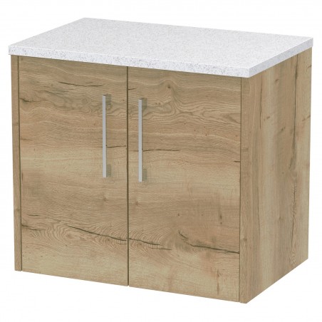 Juno Autumn Oak 600mm Wall Hung 2 Door Vanity With White Sparkle Laminate Worktop