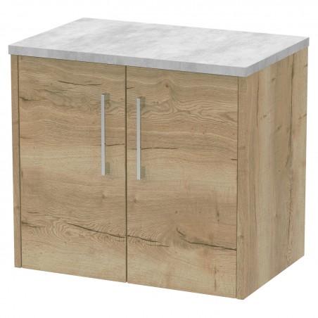 Juno Autumn Oak 600mm Wall Hung 2 Door Vanity With Bellato Grey Laminate Worktop