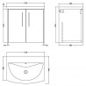 Juno 600mm Wall Hung 2 Door Vanity Unit with Curved Ceramic Basin - Metallic Slate - Technical Drawing