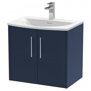 Juno 600mm Wall Hung 2 Door Vanity With Curved Ceramic Basin - Midnight Blue