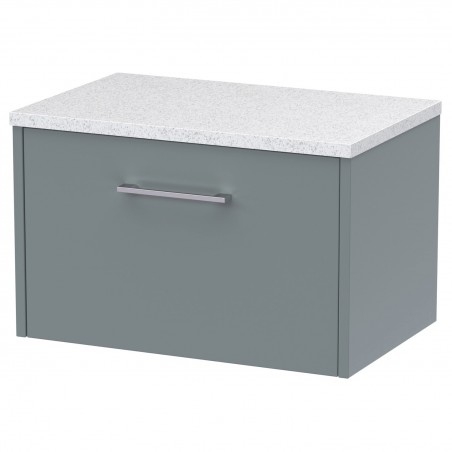 Juno Coastal Grey 600mm Wall Hung Single Drawer Vanity With White Sparkle Laminate Worktop