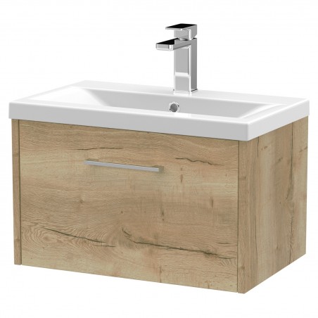 Juno Autumn Oak 600mm Wall Hung Single Drawer Vanity With Mid-Edge Ceramic Basin