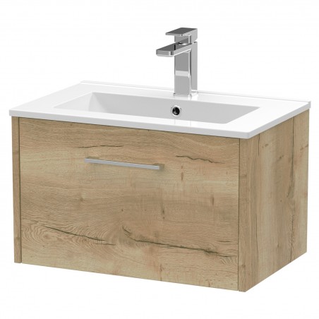 Juno Autumn Oak 600mm Wall Hung Single Drawer Vanity With Minimalist Ceramic Basin