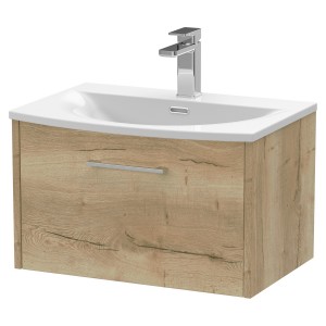 Juno Autumn Oak 600mm Wall Hung Single Drawer Vanity With Curved Ceramic Basin
