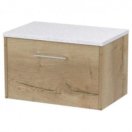 Juno Autumn Oak 600mm Wall Hung Single Drawer Vanity With White Sparkle Laminate Worktop