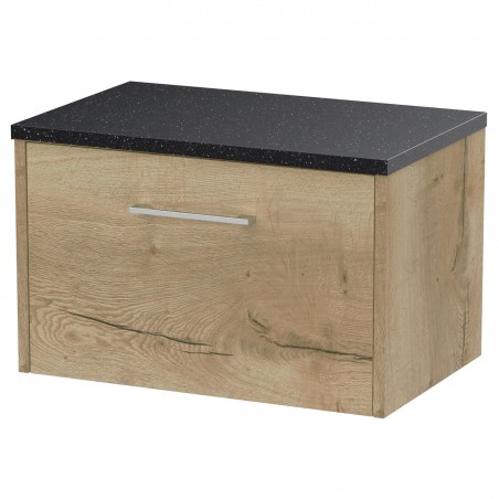 Juno Autumn Oak 600mm Wall Hung Single Drawer Vanity With Black Sparkle Laminate Worktop