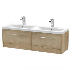 Juno Autumn Oak 1200mm Wall Hung 2 Drawer Vanity With Double Ceramic Basin