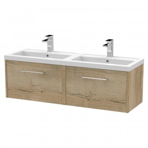 Juno Autumn Oak 1200mm Wall Hung 2 Drawer Vanity With Double Polymarble Basin