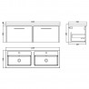 Juno 1200mm Wall Hung 2 Drawer Vanity Unit with Double Polymarble Basin - Metallic Slate - Technical Drawing