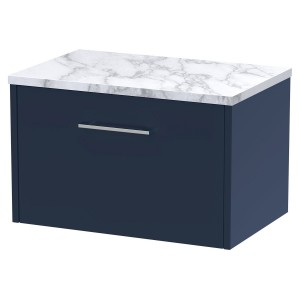 Juno 600mm Wall Hung 1 Drawer Vanity With Carrera Marble Laminate Worktop - Midnight Blue