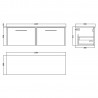 Juno 1200mm Wall Hung 2 Drawer Vanity With Worktop - Midnight Blue - Technical Drawing