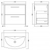 Juno Graphite Grey 600mm Wall Hung 2 Drawer Vanity With Curved Ceramic Basin - Technical Drawing