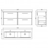 Juno Graphite Grey 1200mm Wall Hung 4 Door Vanity With Double Ceramic Basin - Technical Drawing
