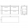 Juno Graphite Grey 1200mm Wall Hung 4 Drawer Vanity With Worktop - Technical Drawing