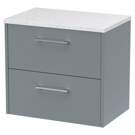 Juno Coastal Grey 600mm Wall Hung 2 Drawer Vanity With White Sparkle Laminate Worktop