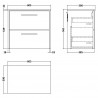 Juno Coastal Grey 600mm Wall Hung 2 Drawer Vanity With White Sparkle Laminate Worktop - Technical Drawing