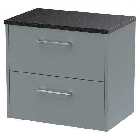 Juno Coastal Grey 600mm Wall Hung 2 Drawer Vanity With Black Sparkle Laminate Worktop