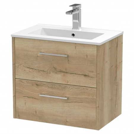 Juno Autumn Oak 600mm Wall Hung 2 Drawer Vanity With Minimalist Ceramic Basin