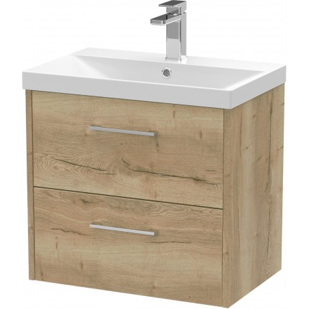 Juno Autumn Oak 600mm Wall Hung 2 Drawer Vanity With Thin-Edge Ceramic Basin