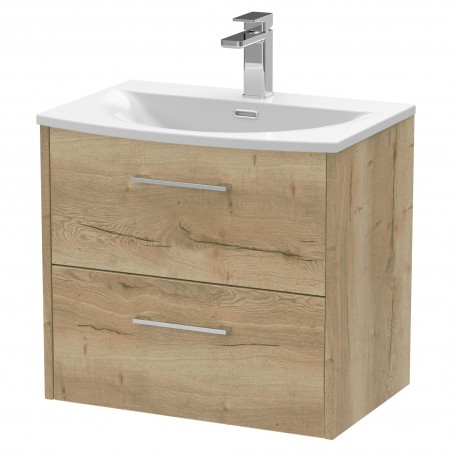 Juno Autumn Oak 600mm Wall Hung 2 Drawer Vanity With Curved Ceramic Basin