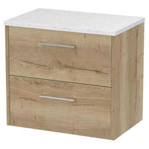 Juno Autumn Oak 600mm Wall Hung 2 Drawer Vanity With White Sparkle Laminate Worktop