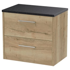 Juno Autumn Oak 600mm Wall Hung 2 Drawer Vanity With Black Sparkle Laminate Worktop