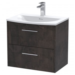 Juno 600mm Wall Hung 2 Drawer Vanity Unit with Curved Ceramic Basin - Metallic Slate